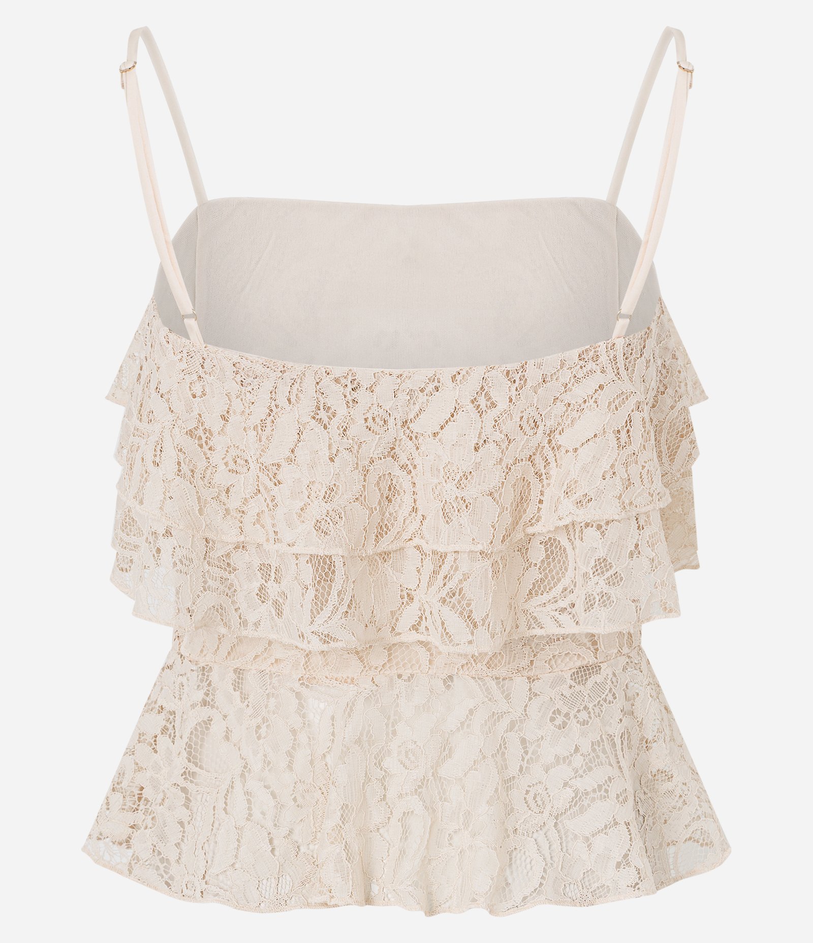 Blusa em Renda Com Babados e Alça Fina Bege 3