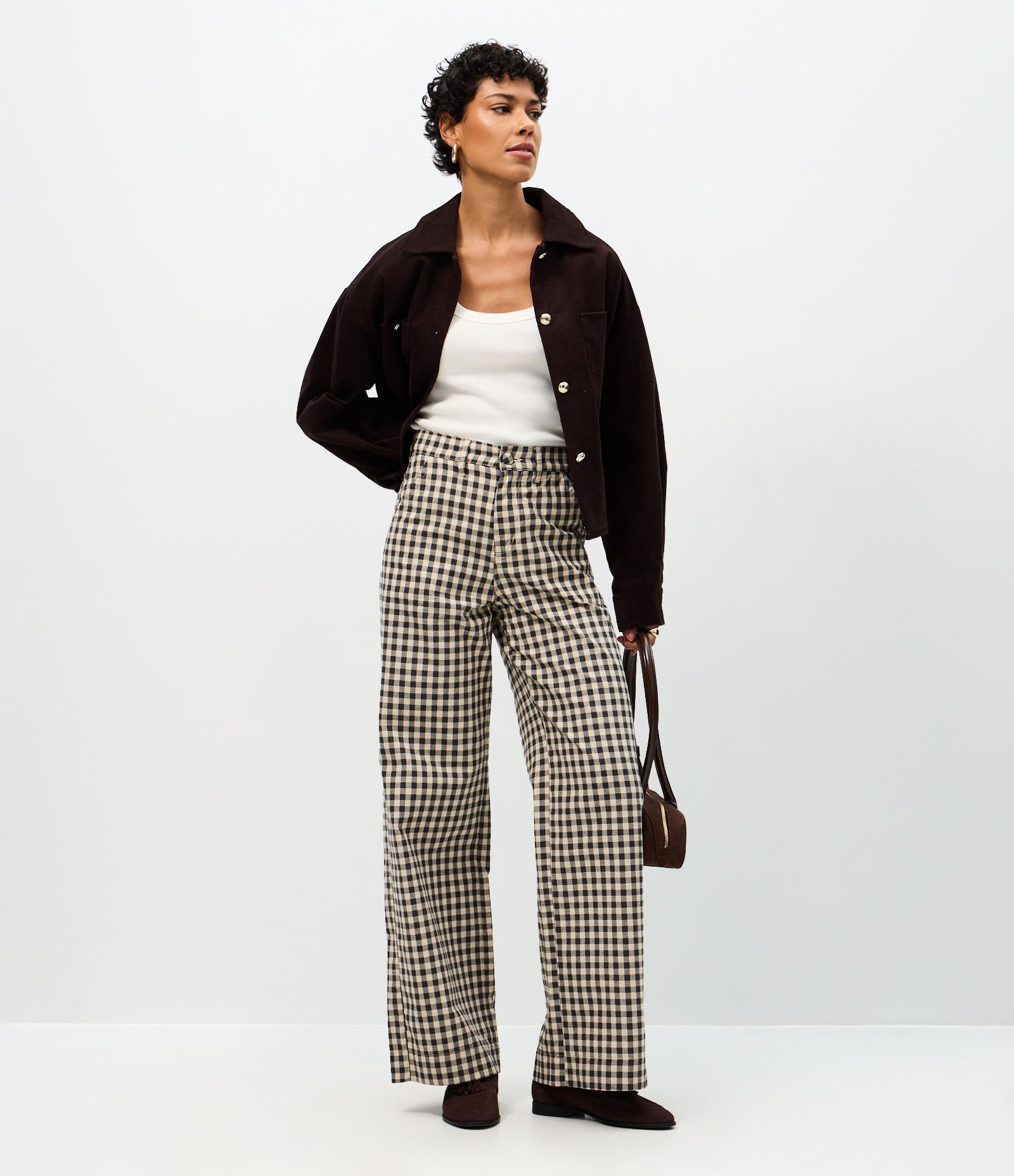 Calça Wide Leg em Sarja Xadrez com Cintura Média Preto/Branco 1