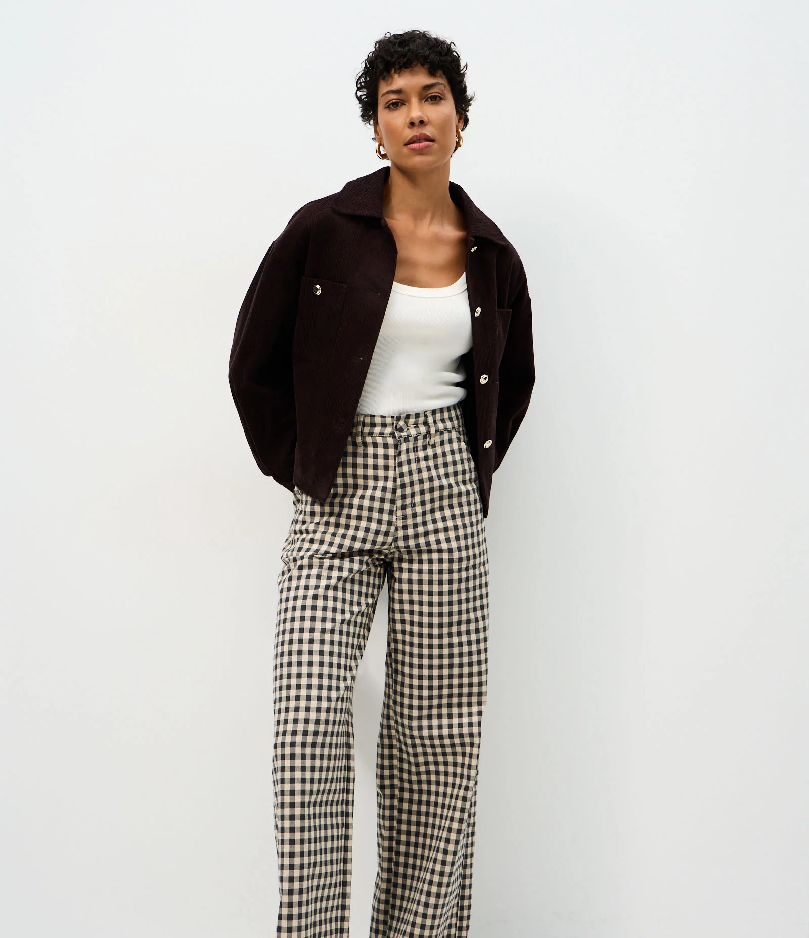 Calça Wide Leg em Sarja Xadrez com Cintura Média Preto/Branco 2
