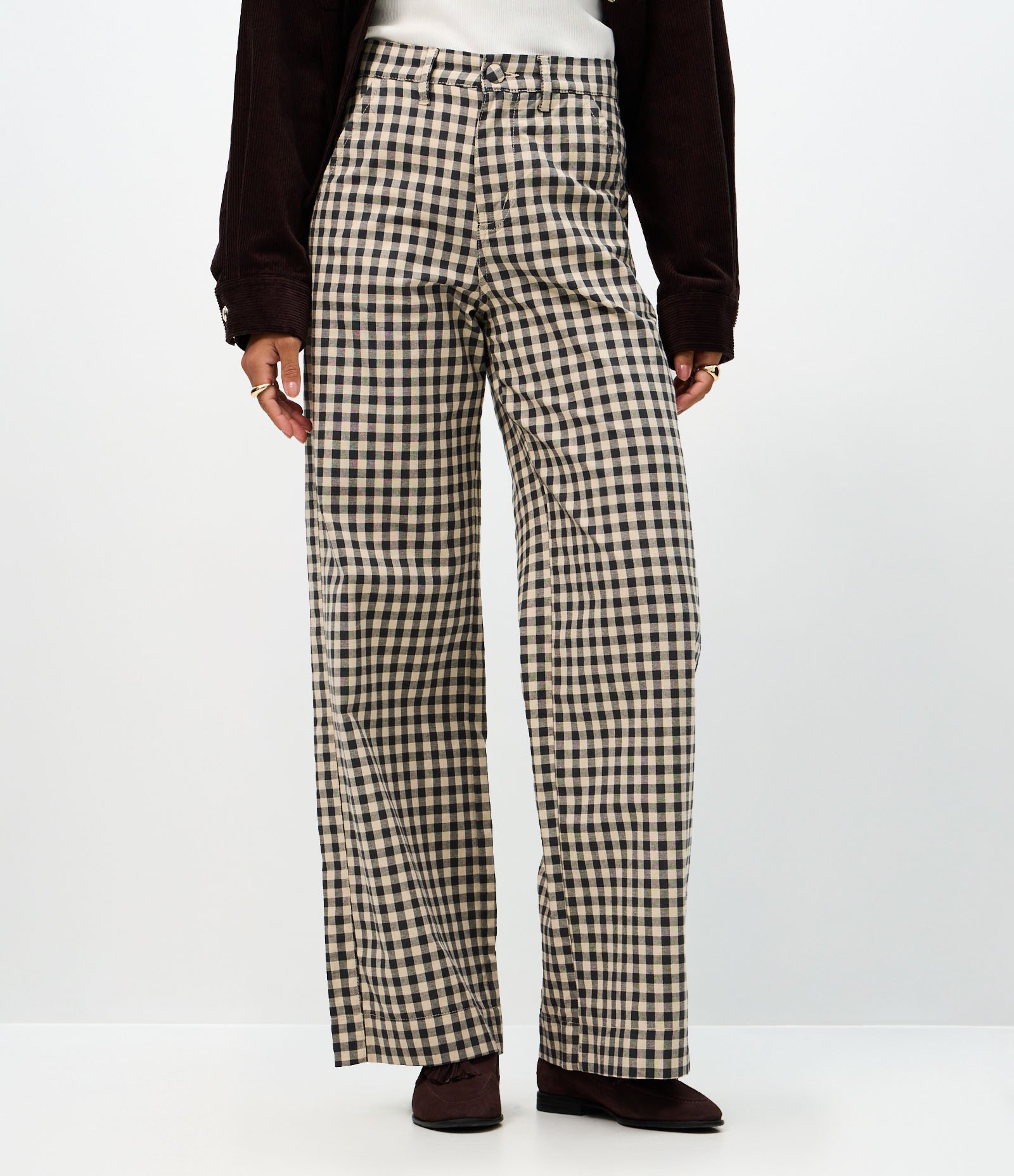 Calça Wide Leg em Sarja Xadrez com Cintura Média Preto/Branco 3