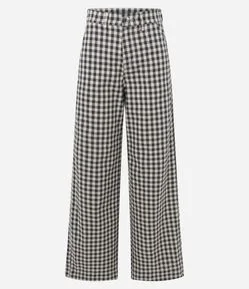 Calça Wide Leg em Sarja Xadrez com Cintura Média