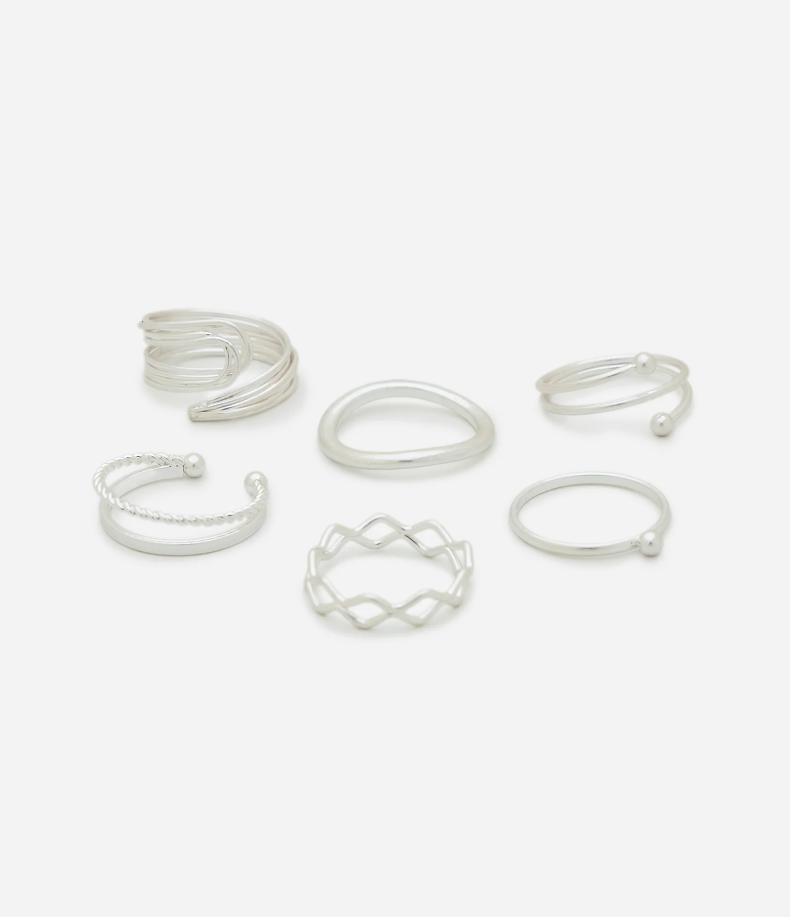 Kit 06 Anéis Delicados com Formatos Diversos Prata 2