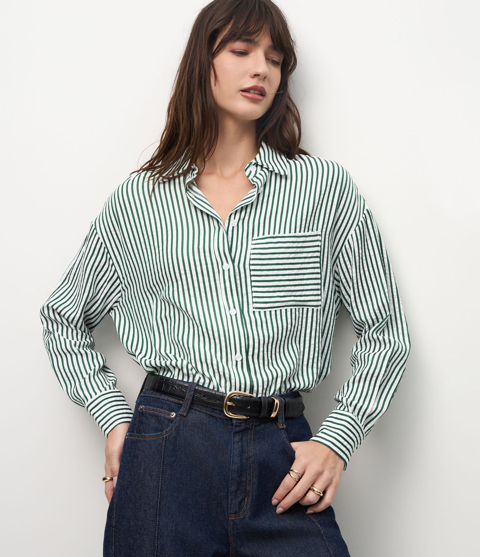 Camisa em Tricoline com Estampa Listrada Verde 1