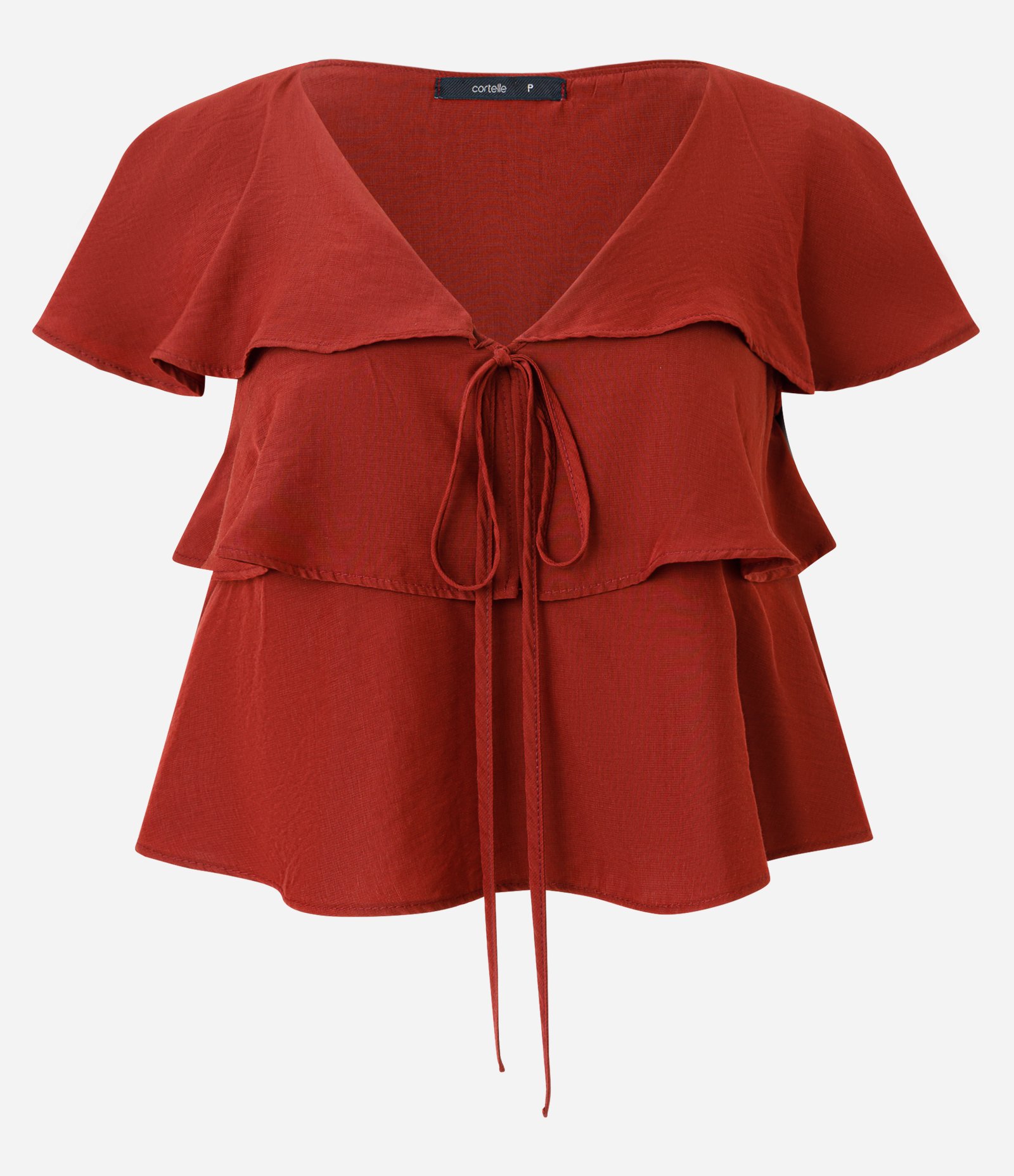 Blusa em Viscose com Babados e Amarração Frontal Marrom Claro 5