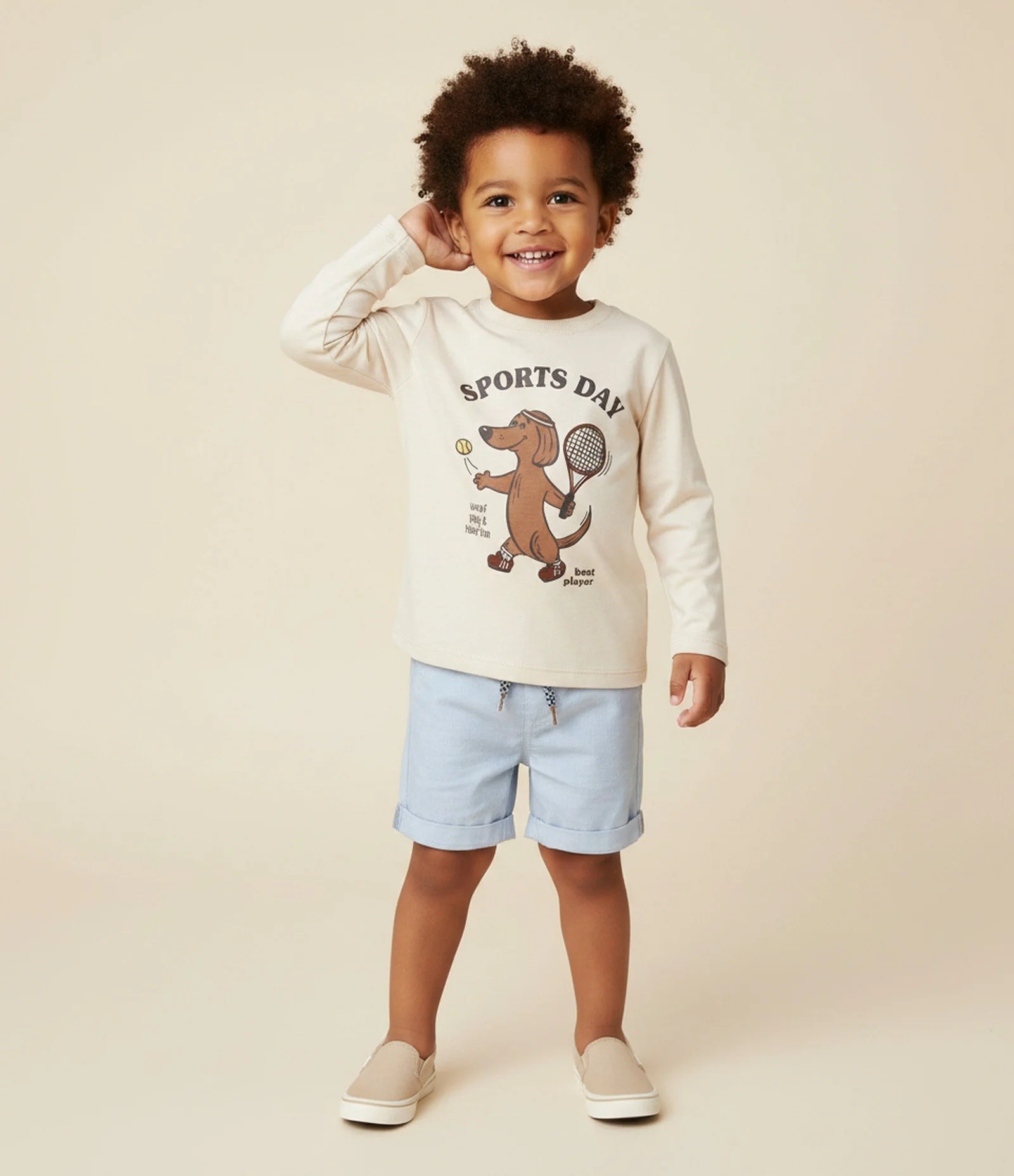 Camiseta Infantil com Estampa Cachorrinho Tenista Sports Day – Tam 1 a 6 Anos Bege Claro 1