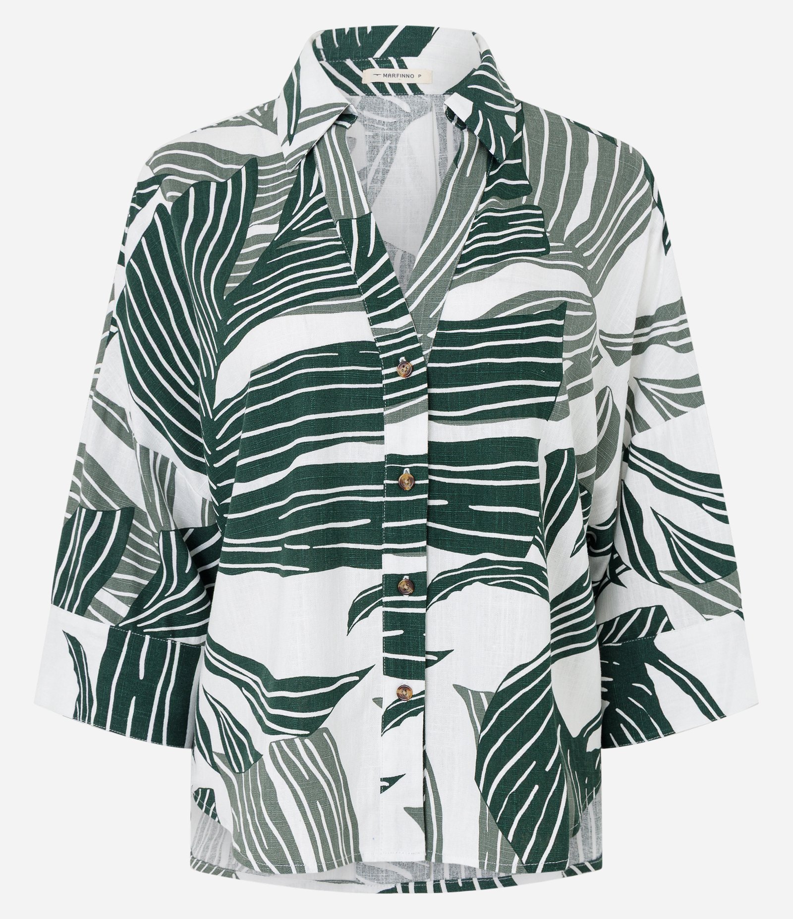 Camisa em Viscolinho com Estampa de Folhagem Branco/Verde 5