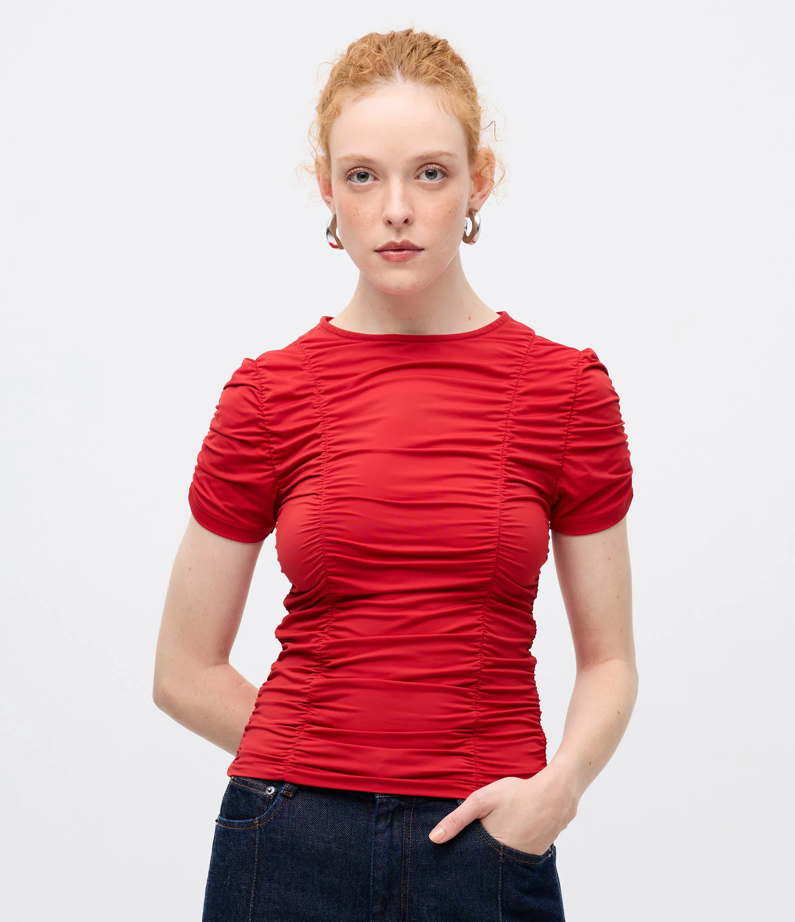 Blusa Manga Curta em Poliamida com Drapeado Vermelho 1