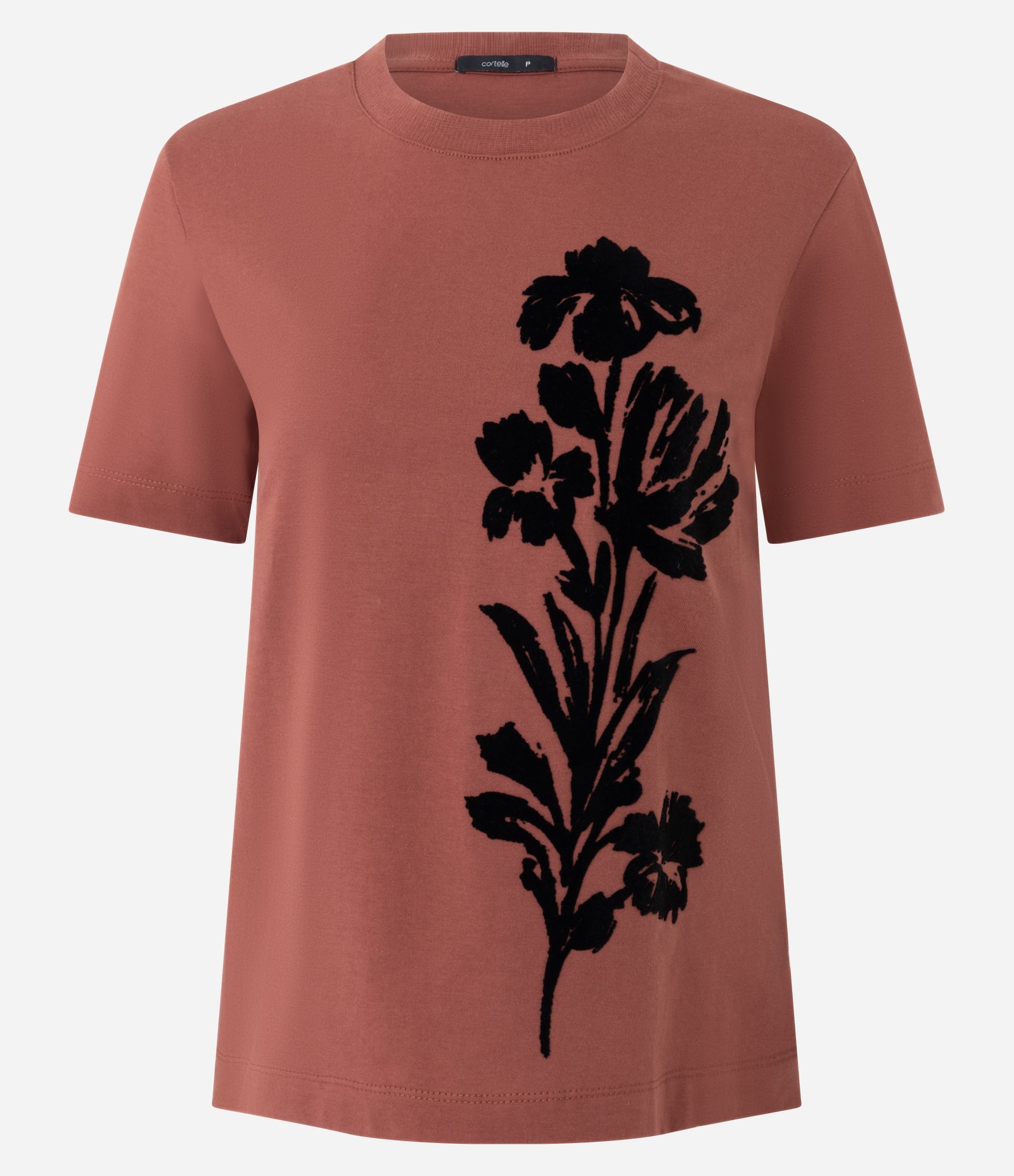 Camiseta em Algodão com Estampa de Flor Aveludada Marrom 5