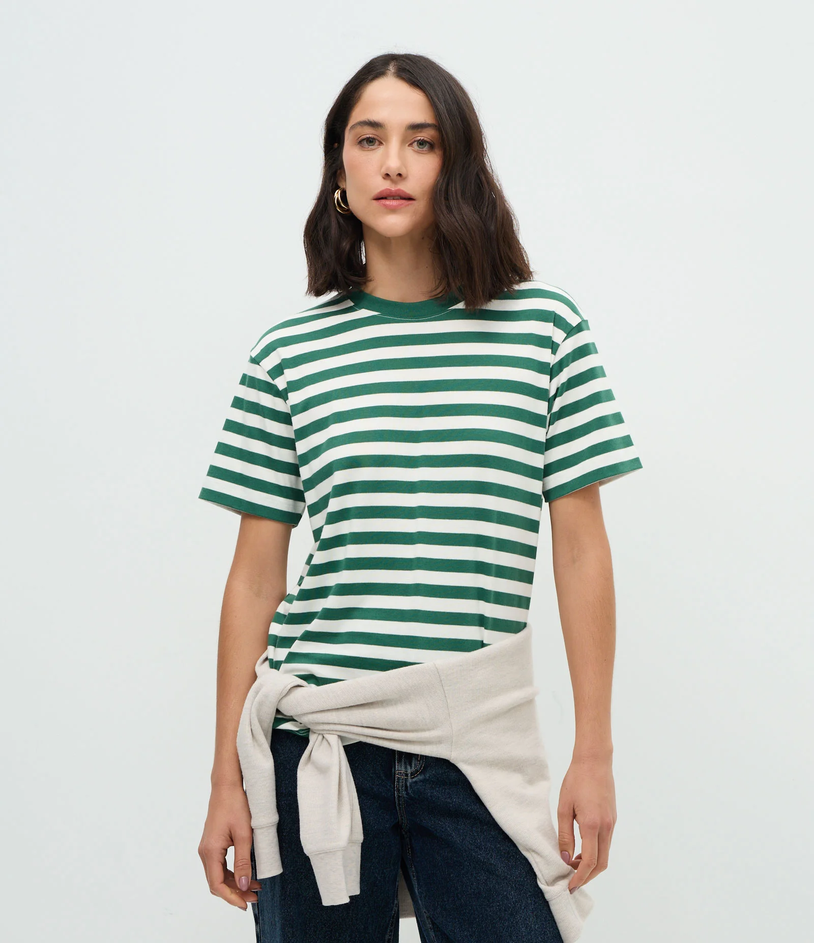 Camiseta Oversized em Algodão Peruano com Listras Horizontais Branco/Verde 1