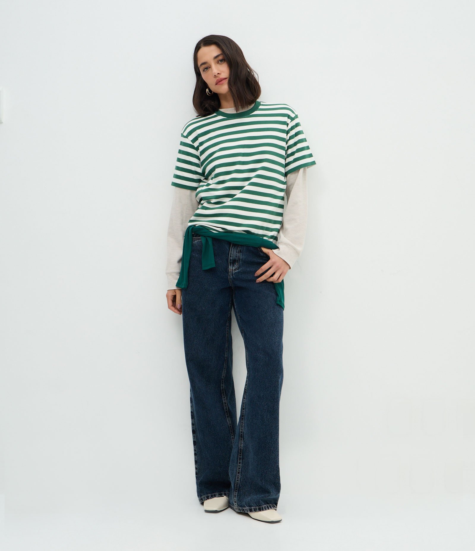 Camiseta Oversized em Algodão Peruano com Listras Horizontais Branco/Verde 2
