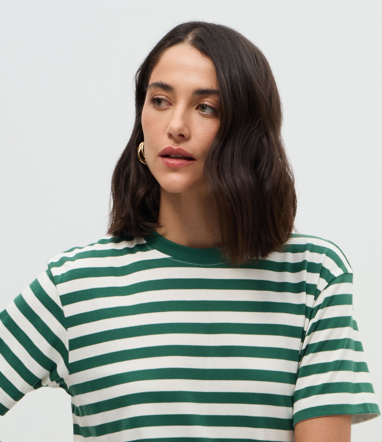 Camiseta Oversized em Algodão Peruano com Listras Horizontais Branco/Verde 3