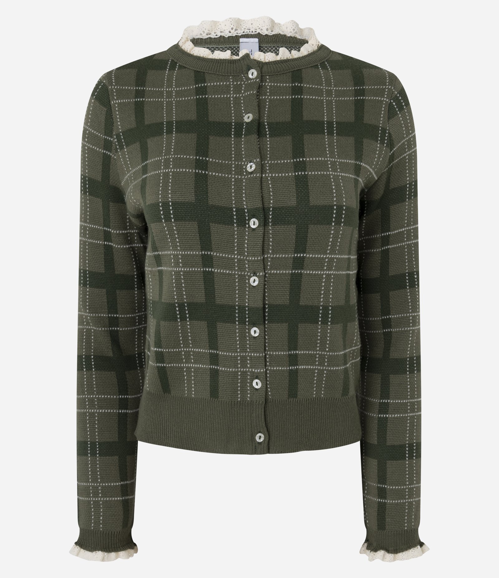 Casaco em Tricô Xadrez com Detalhe de Renda Verde 1