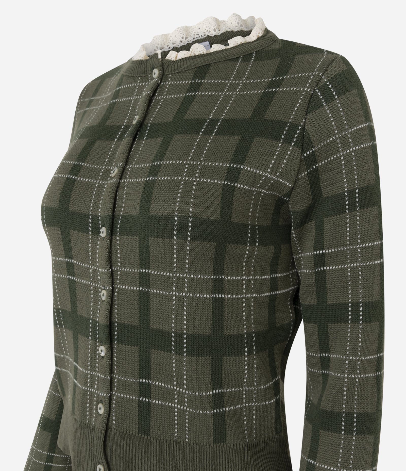 Casaco em Tricô Xadrez com Detalhe de Renda Verde 2