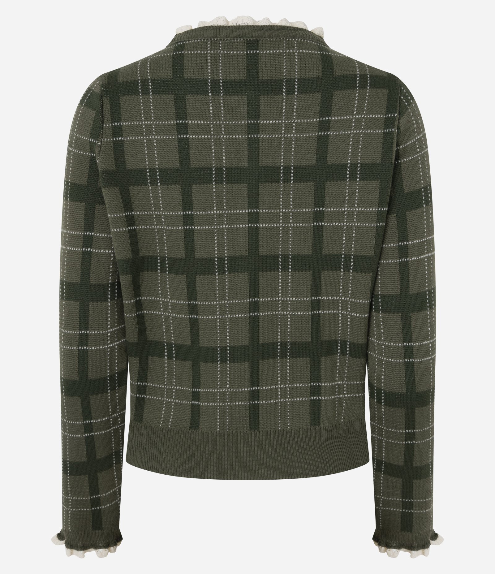 Casaco em Tricô Xadrez com Detalhe de Renda Verde 3