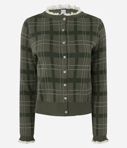 Casaco em Tricô Xadrez com Detalhe de Renda