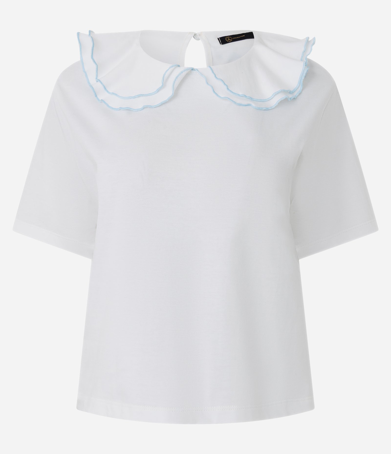 Camiseta Decote Canoa e Babados com Pesponto Contrastante Branco 6