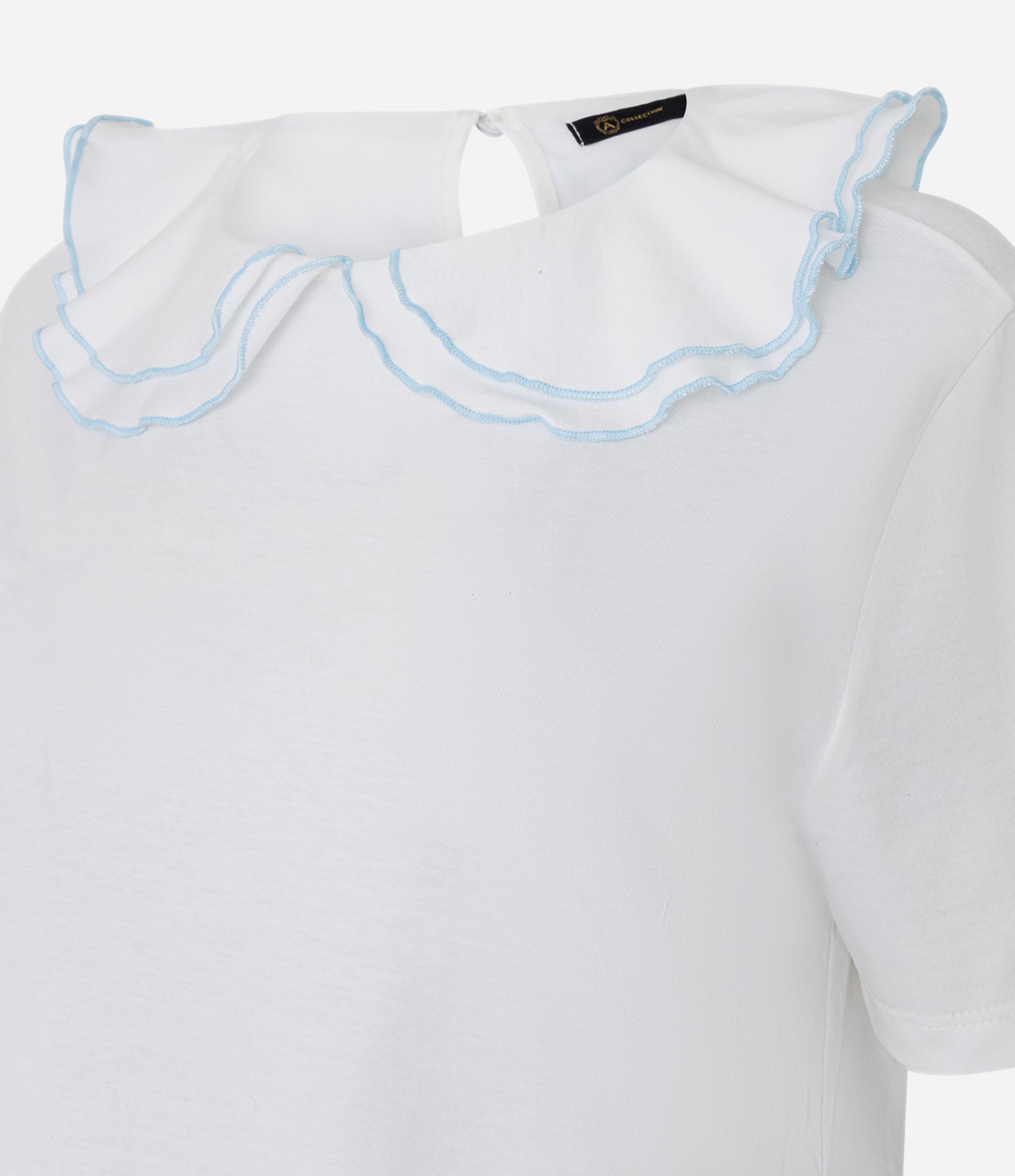 Camiseta Decote Canoa e Babados com Pesponto Contrastante Branco 7