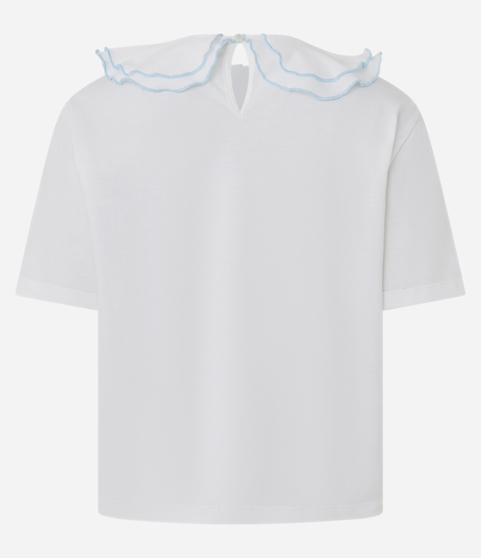 Camiseta Decote Canoa e Babados com Pesponto Contrastante Branco 8