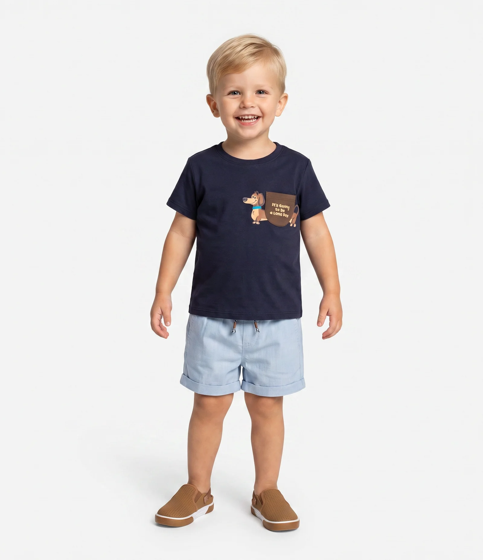 Camiseta Infantil com Bolsinho Interativo Cachorro Salsicha – Tam 1 a 6 Anos Azul Marinho 1