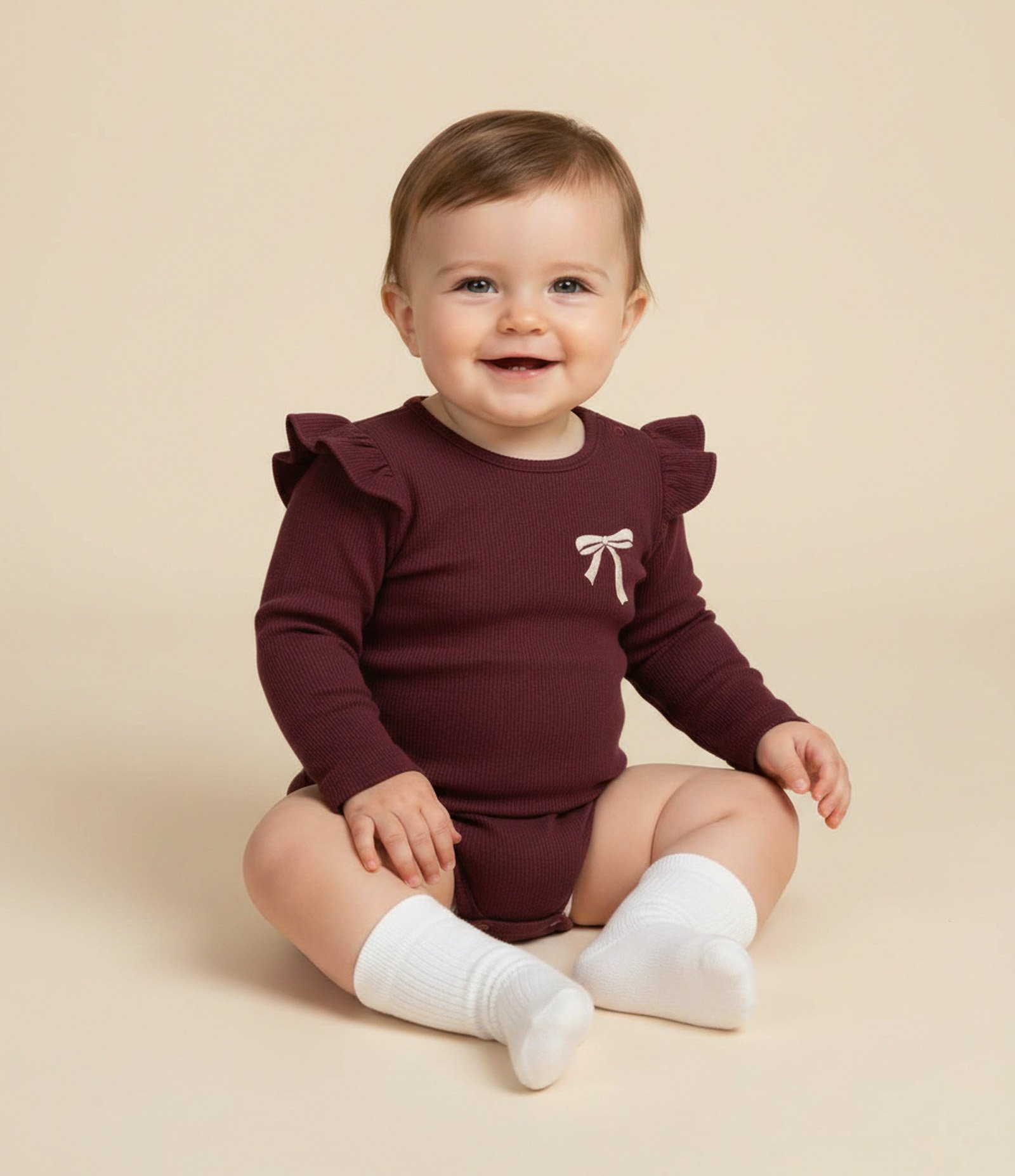 Body Infantil com Laço Bordado e Babado no Ombro – Tam RN a 18 Meses Vinho 1