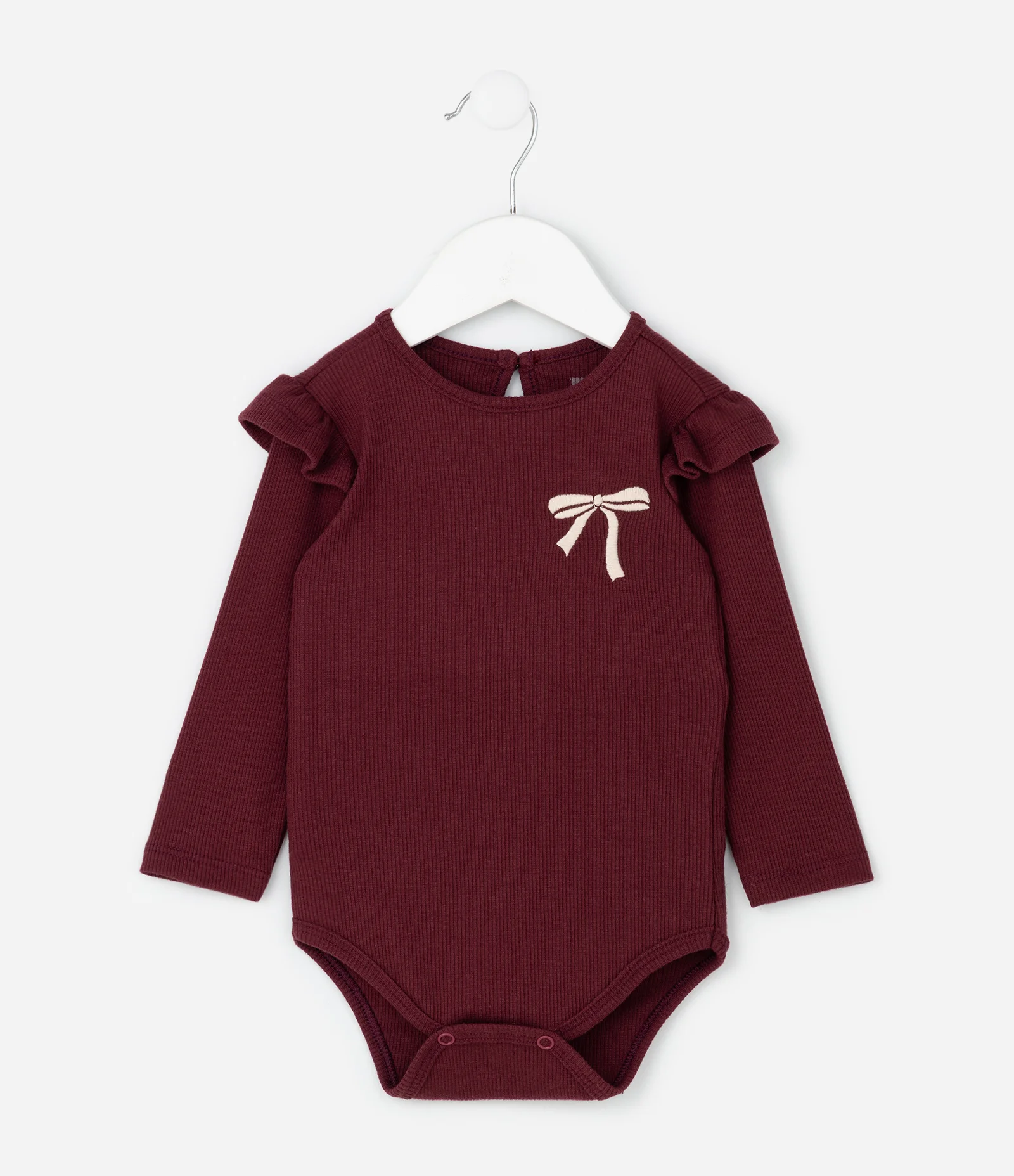 Body Infantil com Laço Bordado e Babado no Ombro – Tam RN a 18 Meses Vinho 1