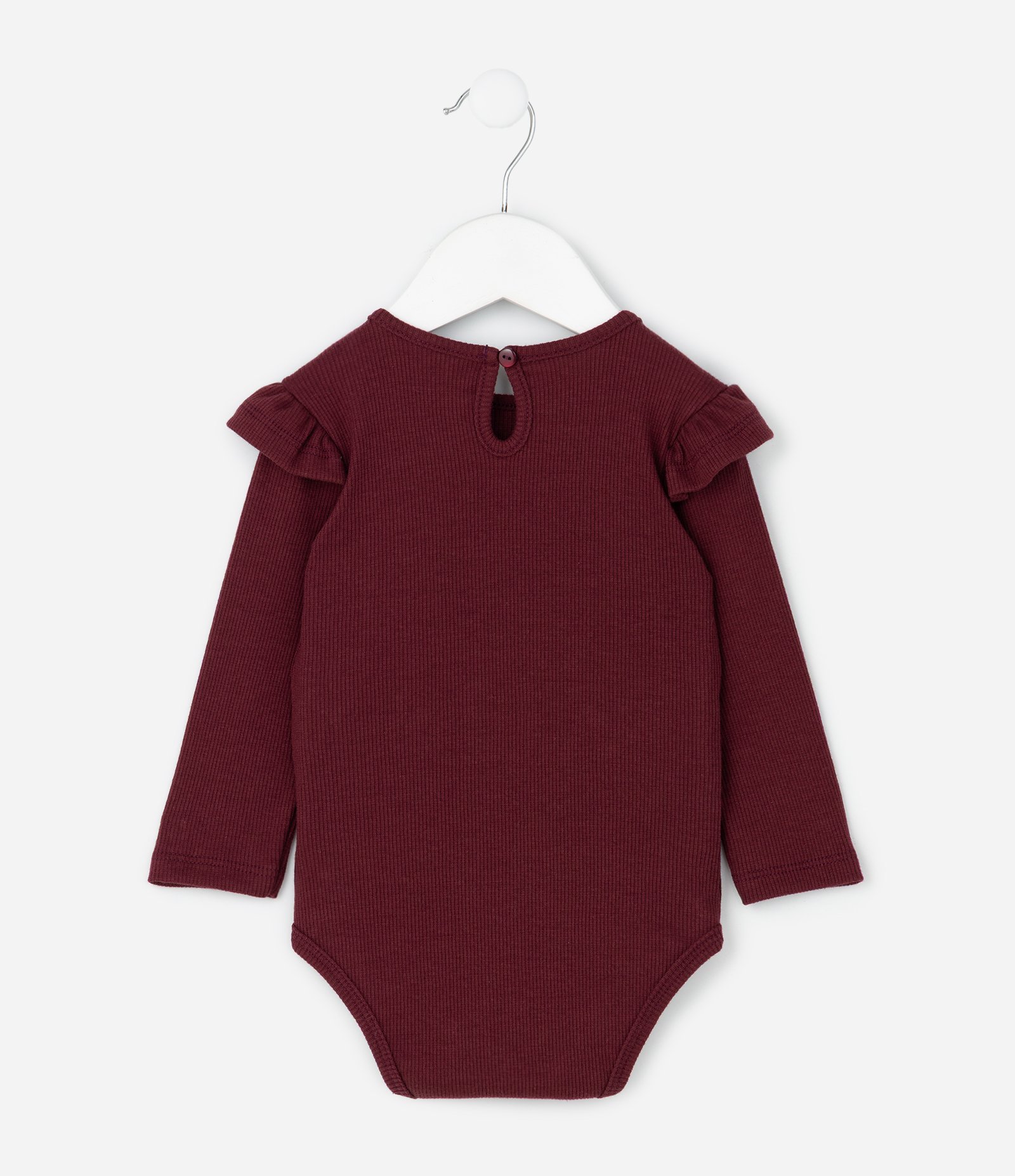 Body Infantil com Laço Bordado e Babado no Ombro – Tam RN a 18 Meses Vinho 2