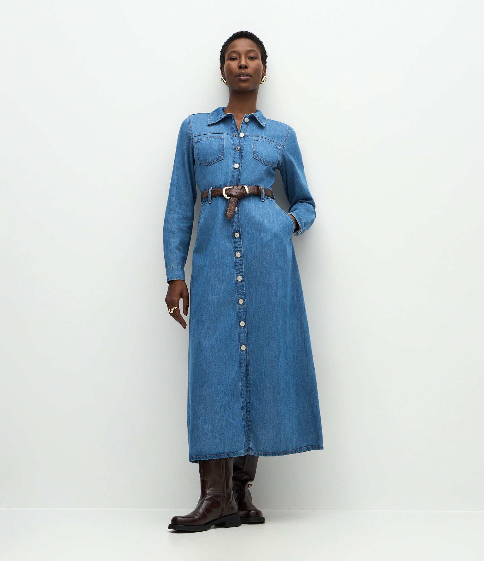 Vestido Midi em Jeans com Manga Longa Azul Claro 1