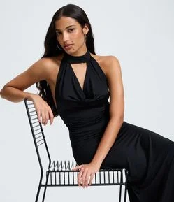 Vestido Midi em Microfibra com Gola Halter e Decote Degagê