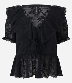 Blusa Manga Curta em Renda Texturizada com Babados no Decote