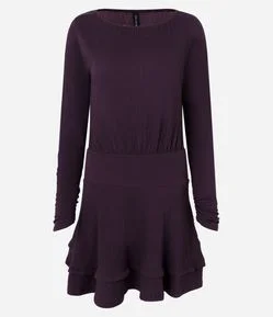 Vestido Curto Evasê em Viscose com Manga Longa e Babados