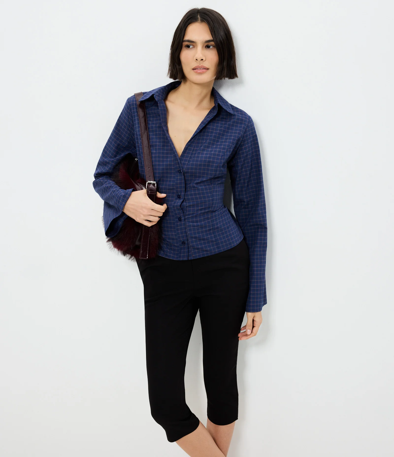 Camisa Ajustada em Tricoline Xadrez Azul 1