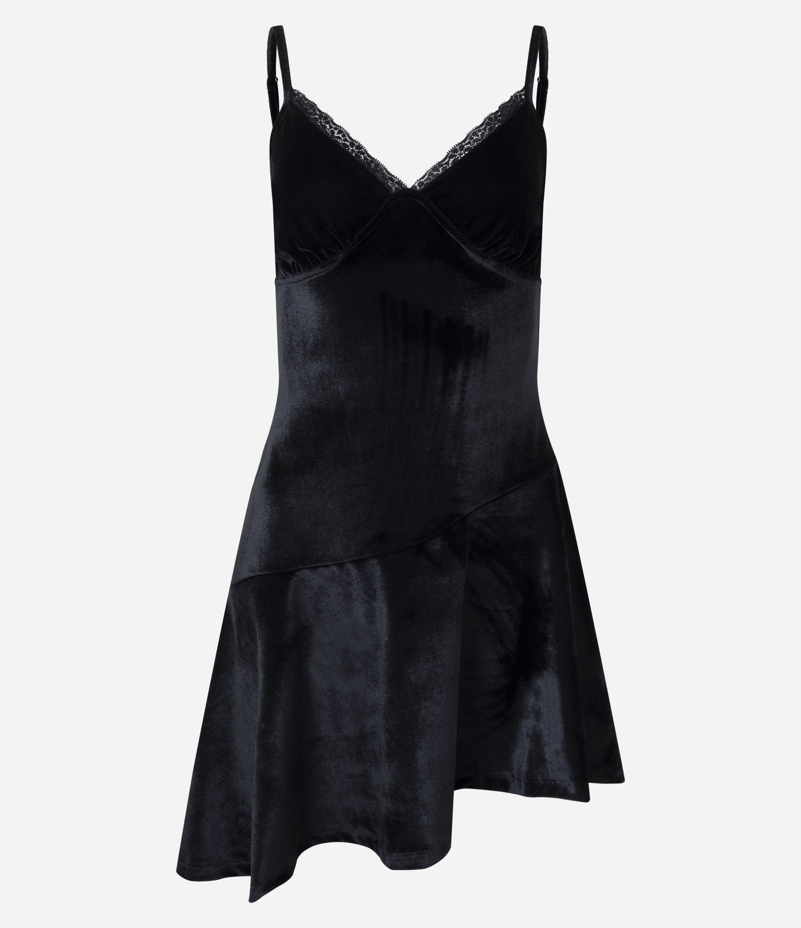 Vestido de Alcinha em Veludo com Decote Rendado e Barra Assimétrica Preto 6