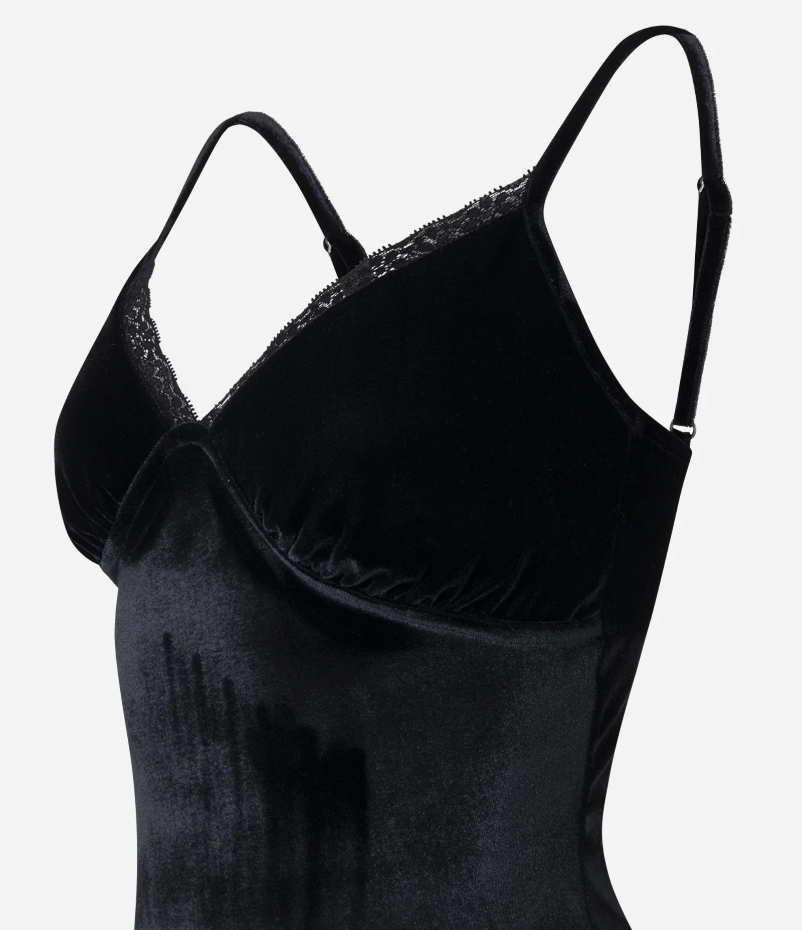 Vestido de Alcinha em Veludo com Decote Rendado e Barra Assimétrica Preto 7