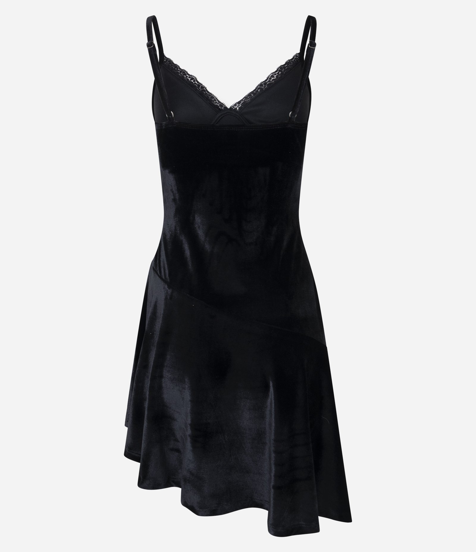 Vestido de Alcinha em Veludo com Decote Rendado e Barra Assimétrica Preto 8