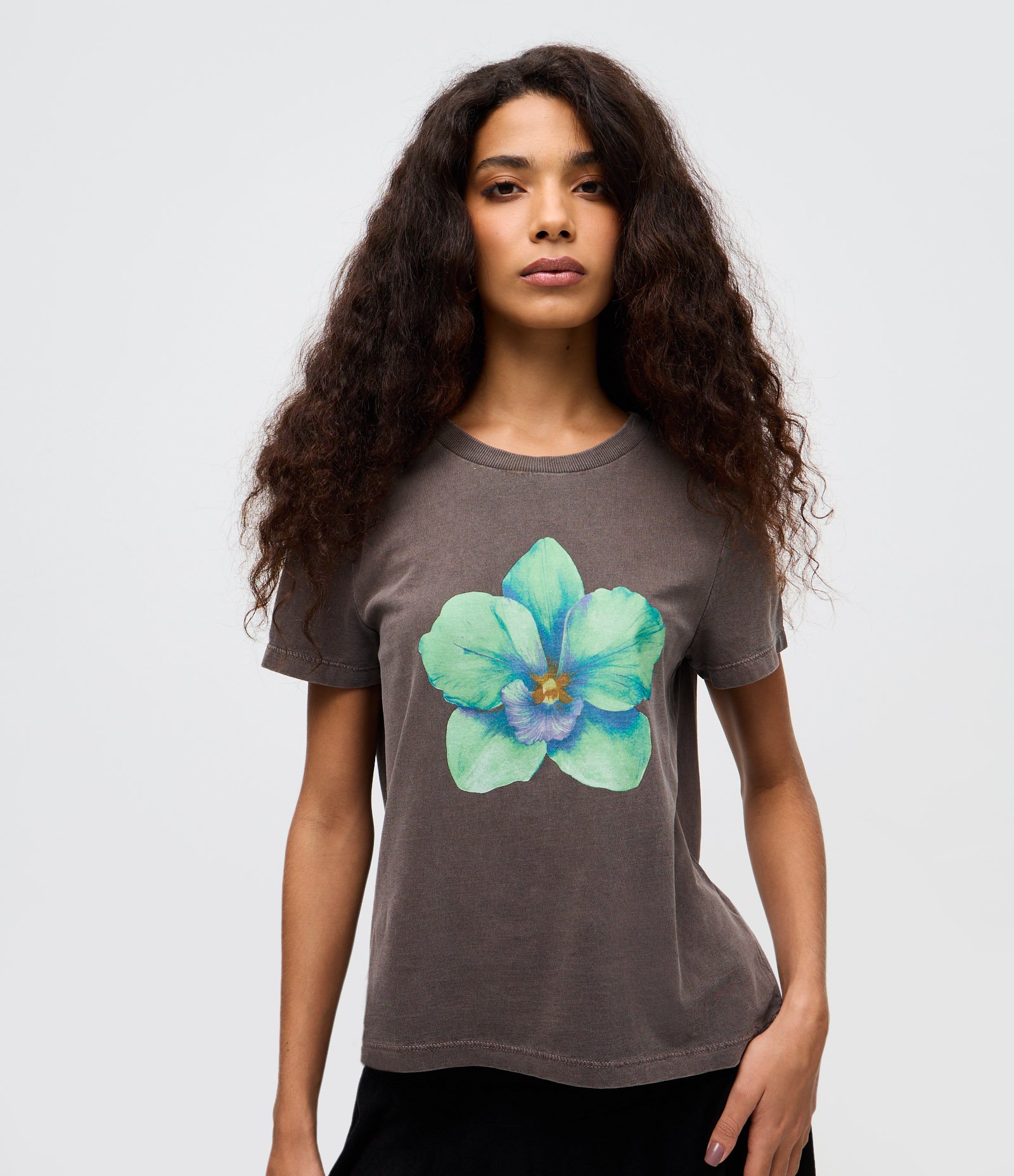 Camiseta Manga Curta em Algodão com Estampa Flor Cinza 3