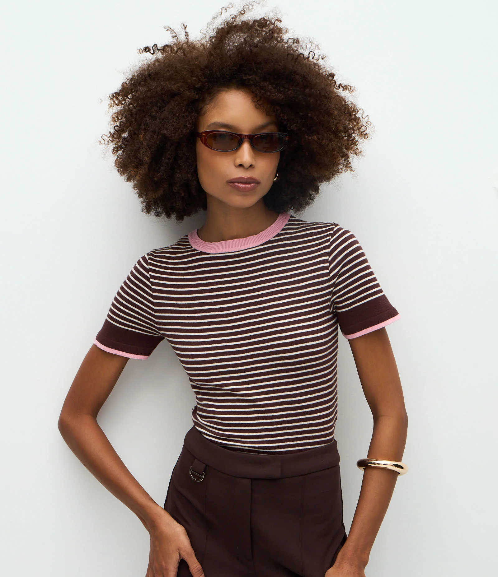 Blusa Regular em Tricô com Estampa Listrada Marrom/Rosa 1