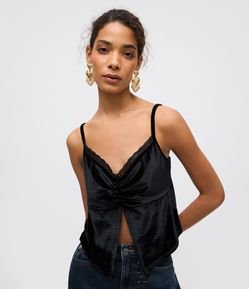 Blusa de Alcinha em Veludo com Abertura Frontal e Decote Rendado