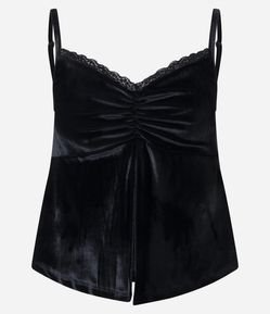 Blusa de Alcinha em Veludo com Abertura Frontal e Decote Rendado