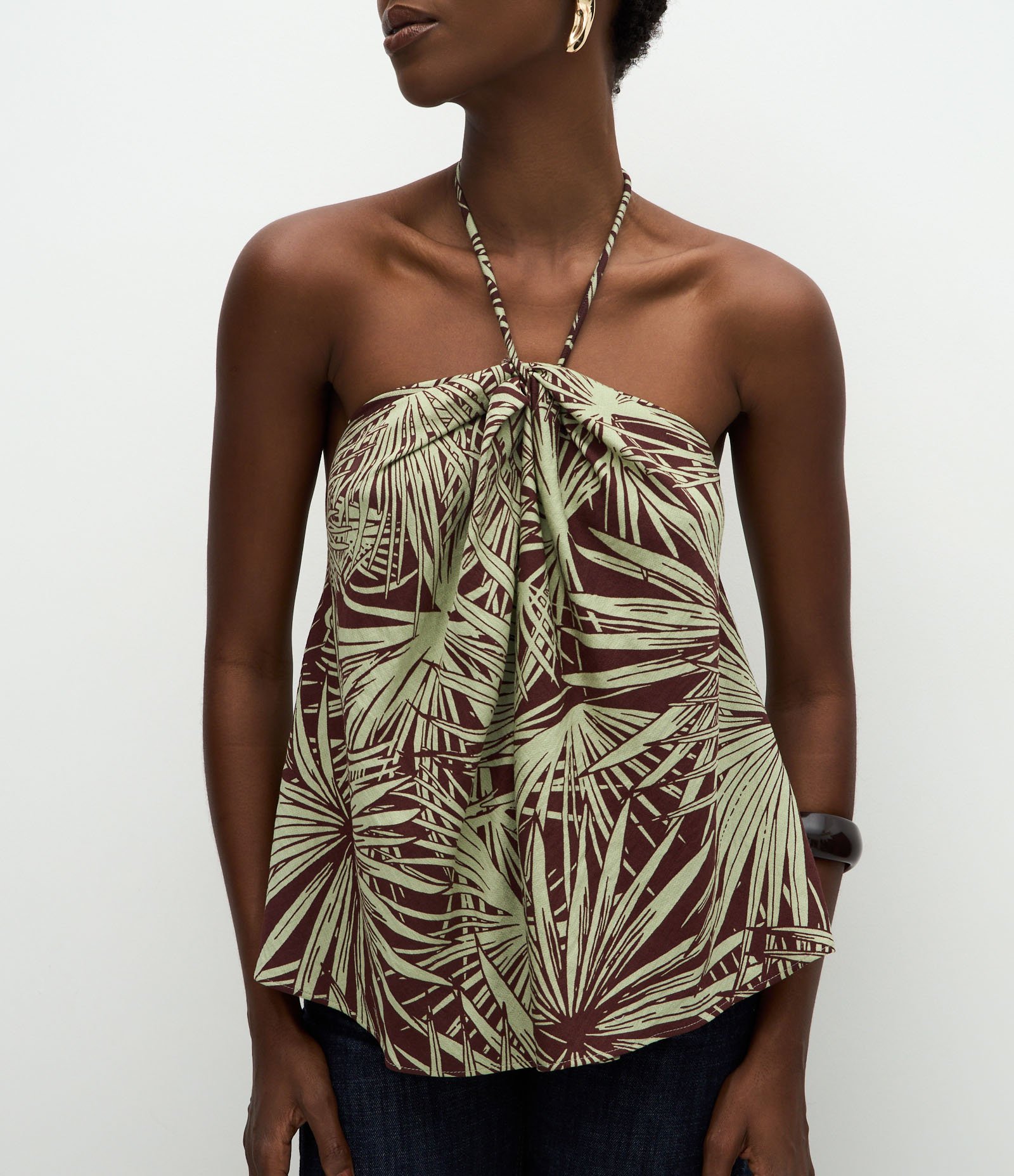 Blusa Halter Neck em Viscose com Amarração no Pescoço Marrom/Verde 4