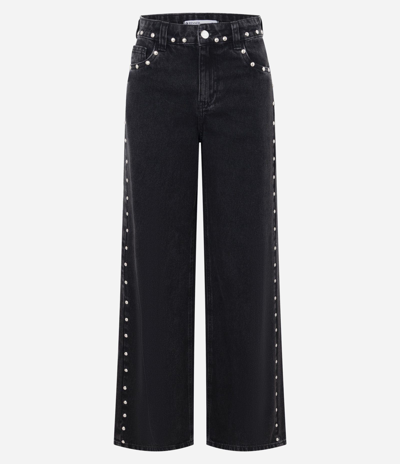 Calça Wide em Jeans com Tachas Laterais e Cintura Média Preto 5