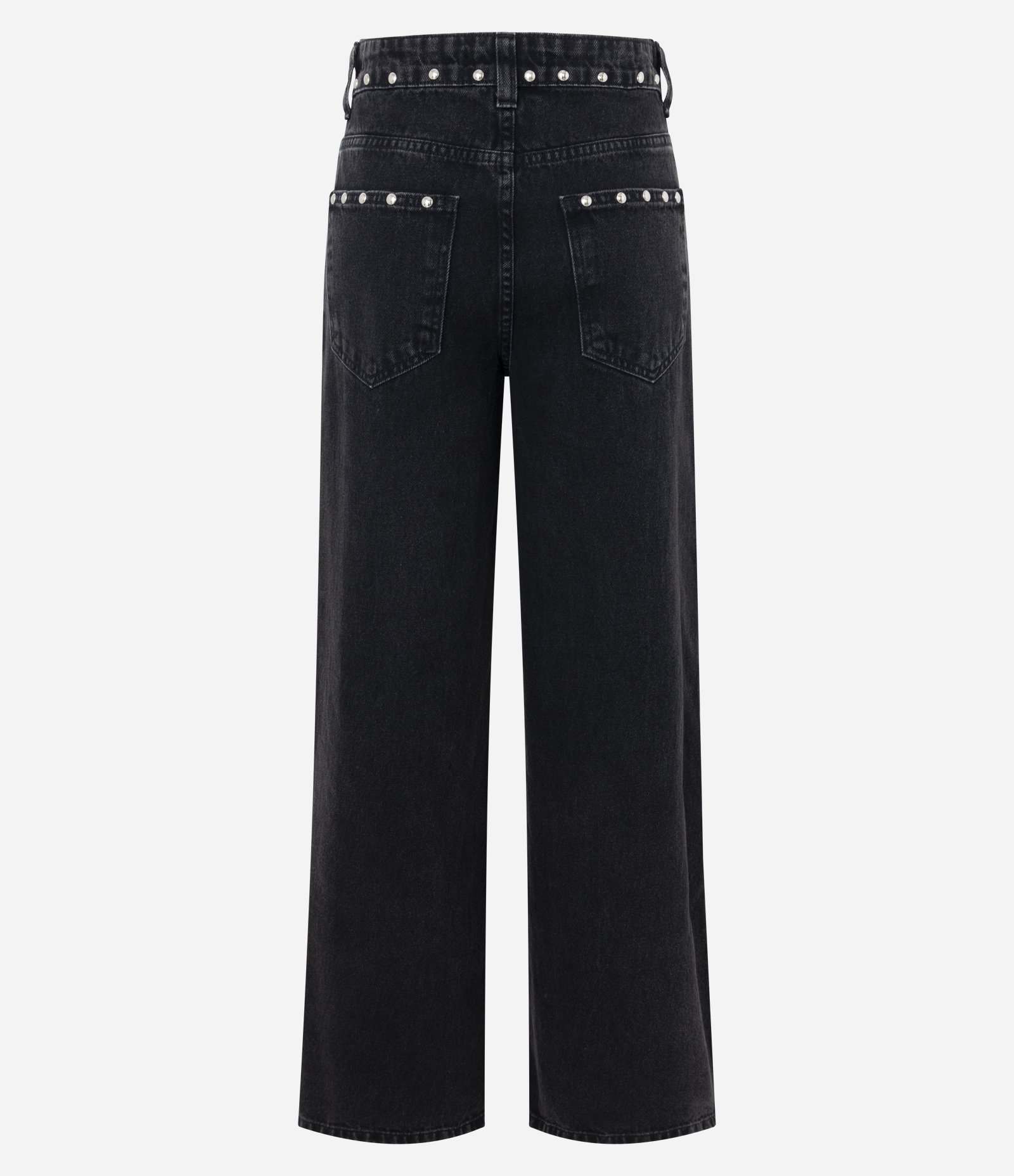Calça Wide em Jeans com Tachas Laterais e Cintura Média Preto 6