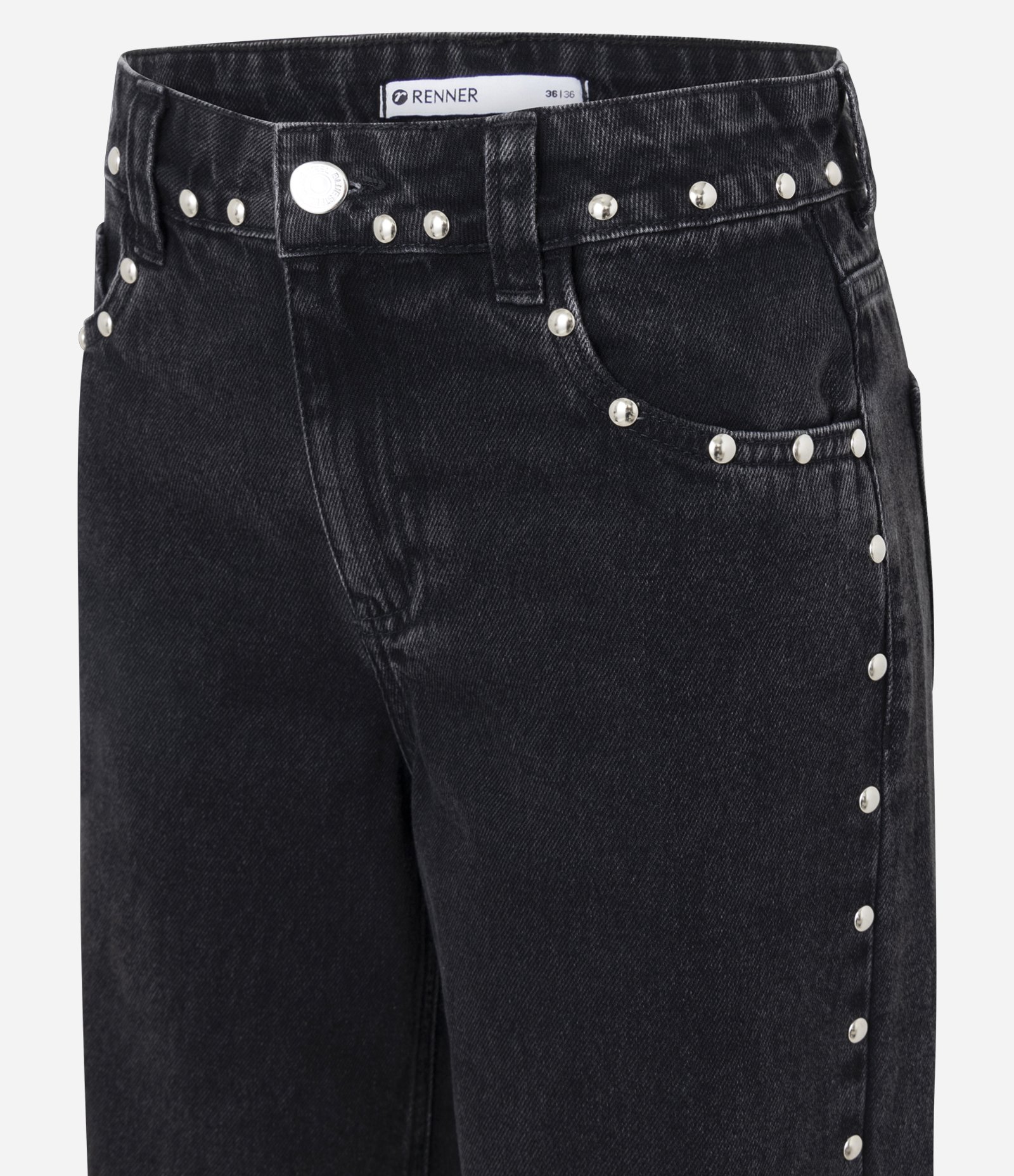 Calça Wide em Jeans com Tachas Laterais e Cintura Média Preto 7