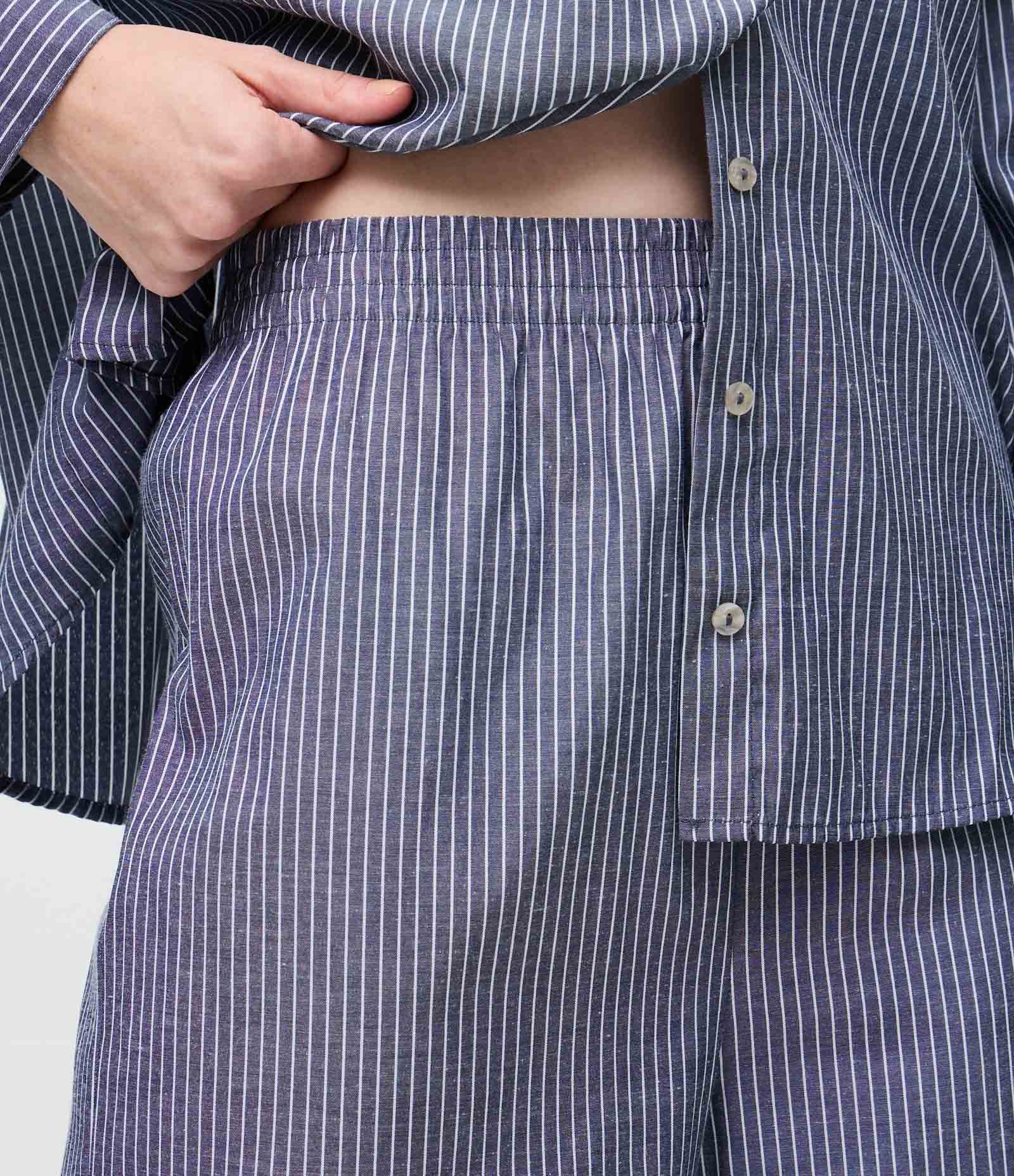 Calça Reta Ampla Listrada com Cintura Alta Azul 3