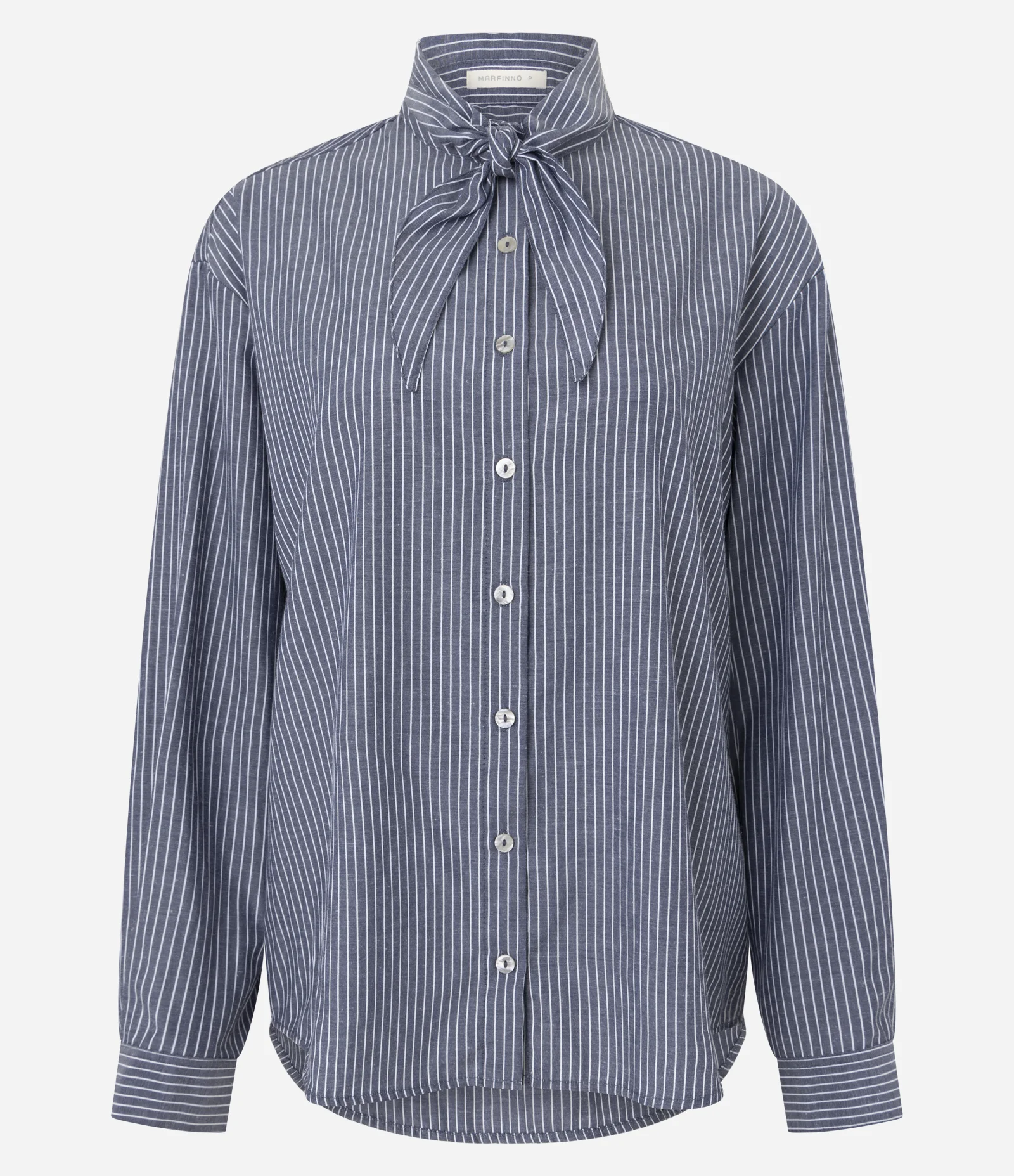 Camisa Regular em Tricoline Listrada com Gola Laço Azul 5