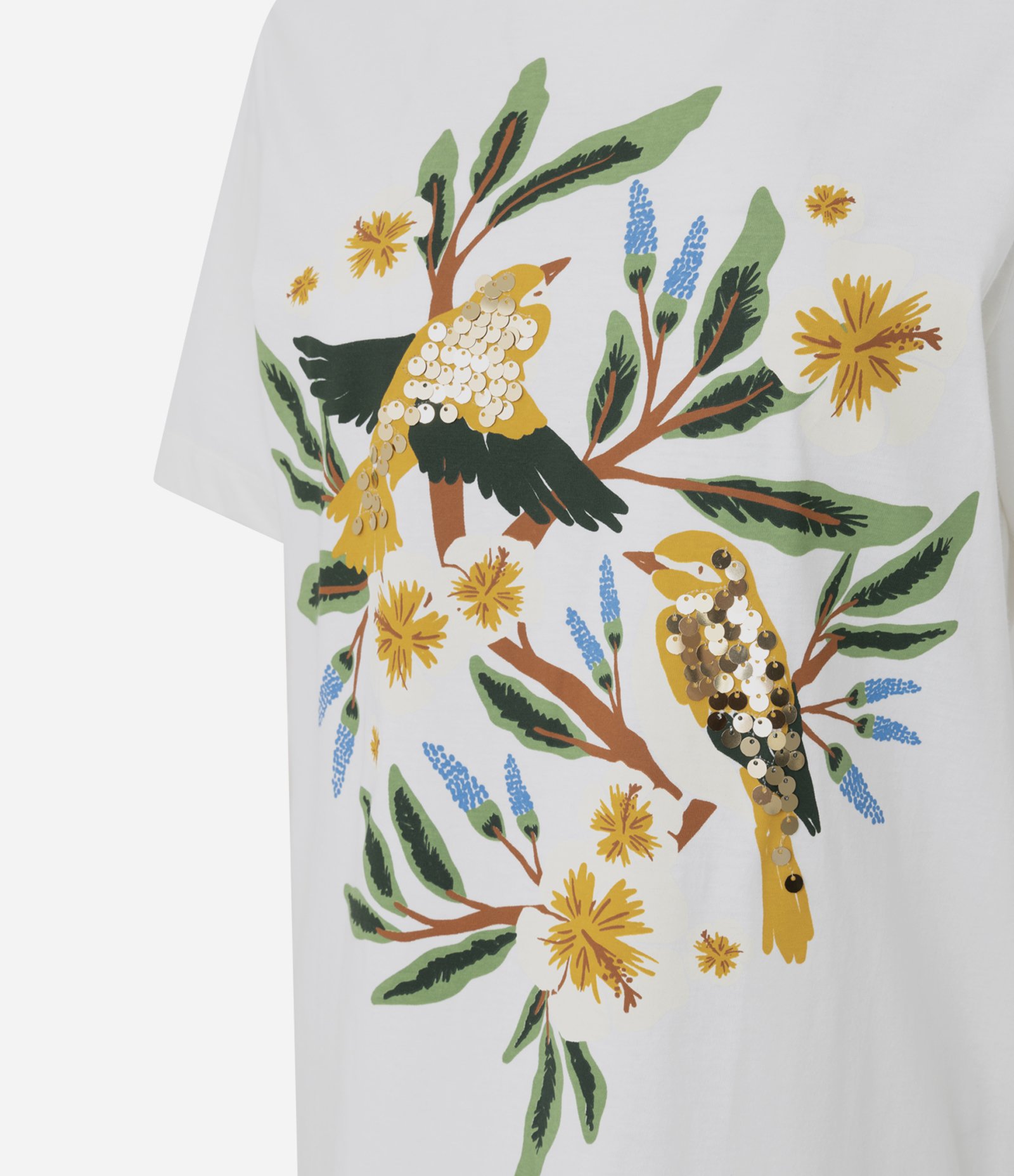 Camiseta em Algodão com Estampa Bordada de Pássaros Branco 2