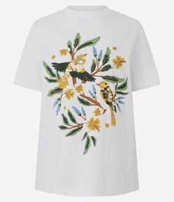 Camiseta em Algodão com Estampa Bordada de Pássaros