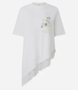 Blusa em Algodão com Estampa e Renda na Barra