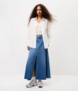 Saia New Midi Jeans com Cintura Baixa