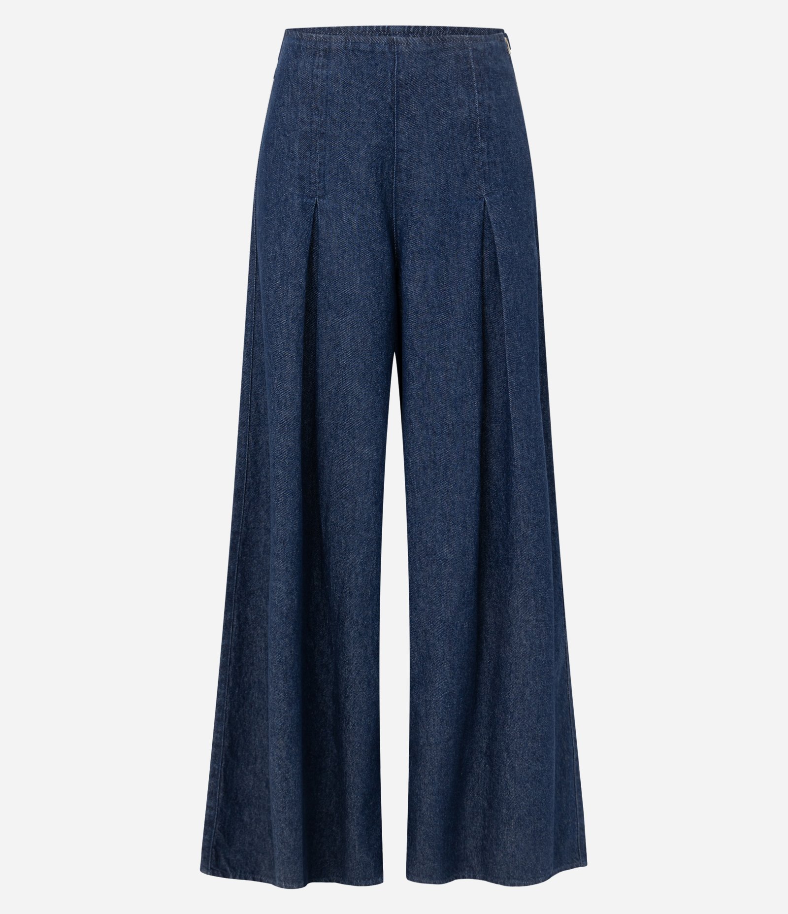Calça Pantalona em Jeans com Cintura Alta e Pregas Azul Marinho 5