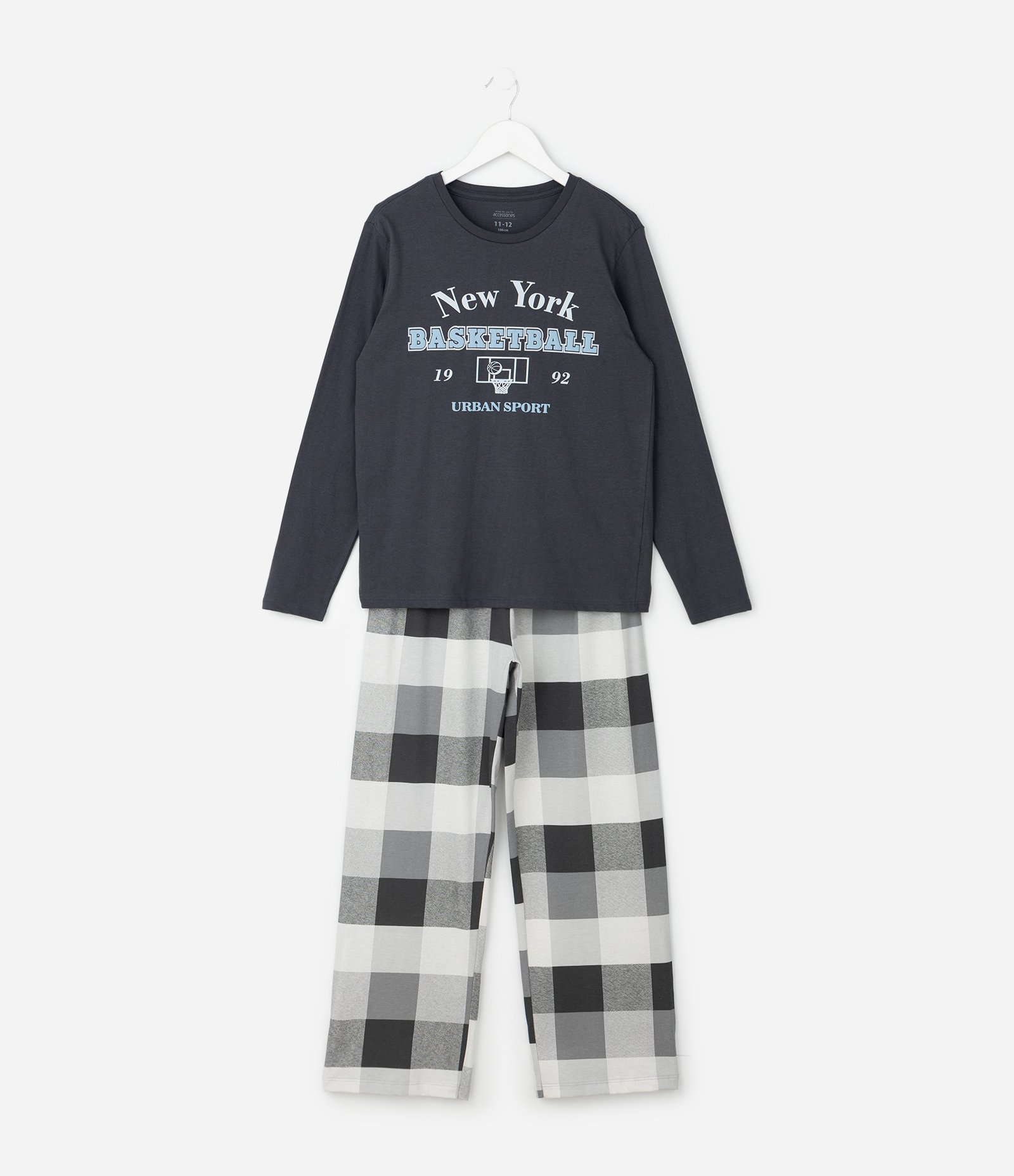 Pijama Infantil com Estampa Basquete e Calça Xadrez – Tam 7 a 16 Anos Cinza/Preto 1